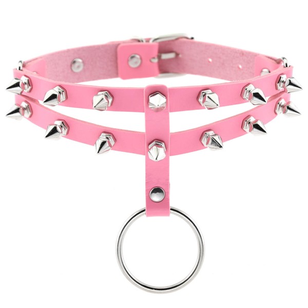 Halsband mit Nieten und O-Ring - rosa, silber