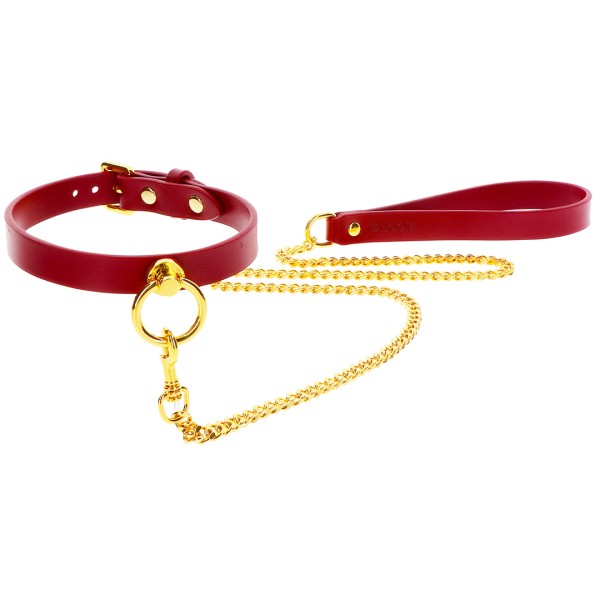 Halsband mit O-Ring und Leine - rot, gold