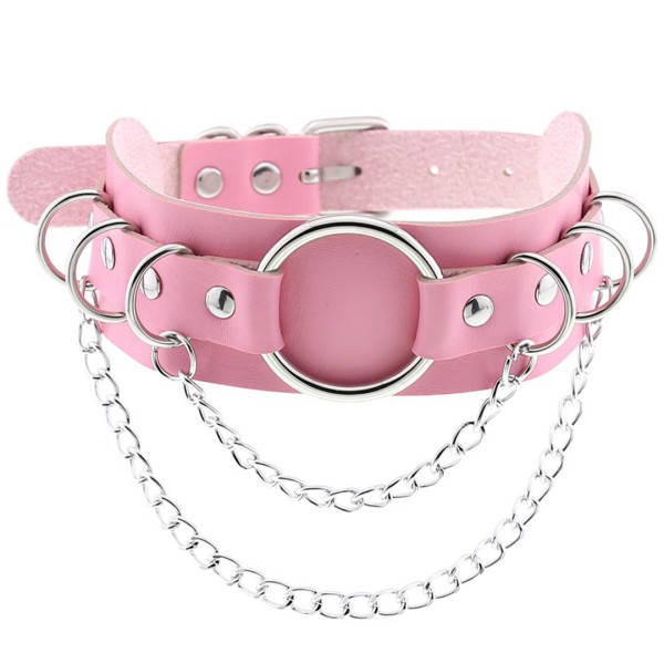 Halsband mit O-Ring und Ketten - rosa, silber