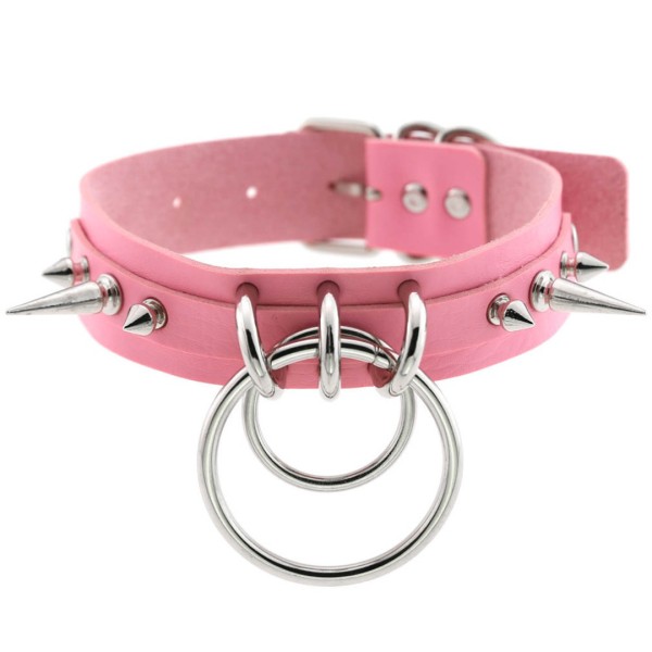 Halsband mit Nieten und O-Ringen - rosa, silber