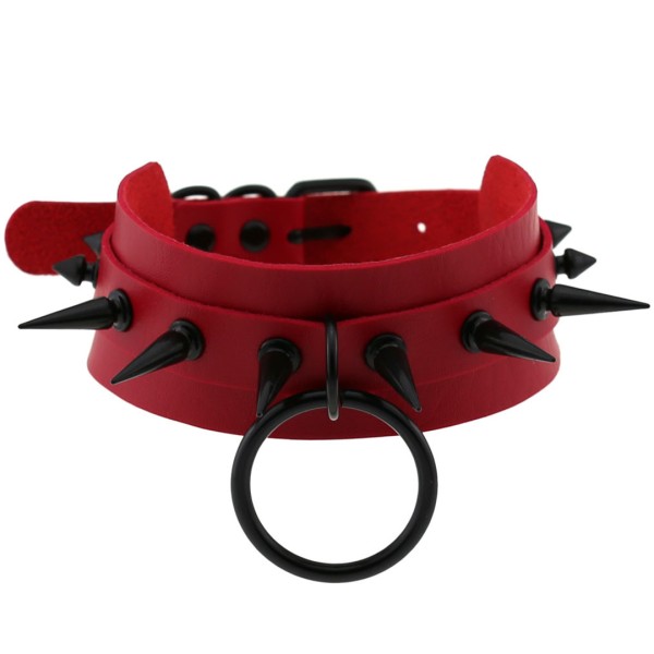 Halsband mit Nieten und O-Ring - rot, schwarz