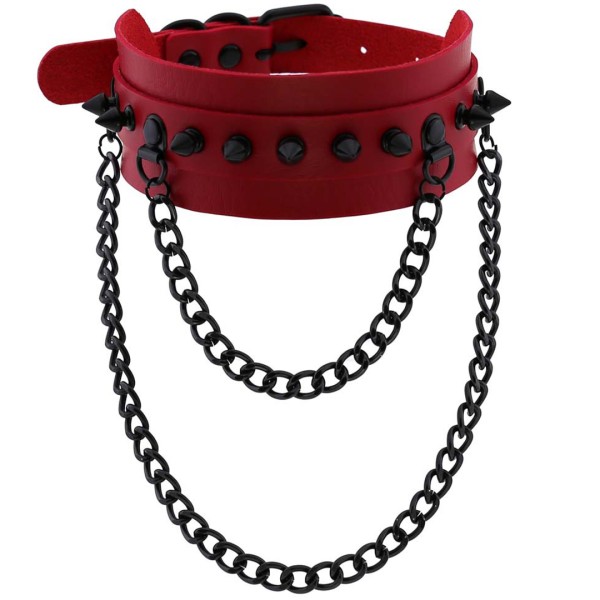 Halsband mit Nieten und Ketten - rot, schwarz