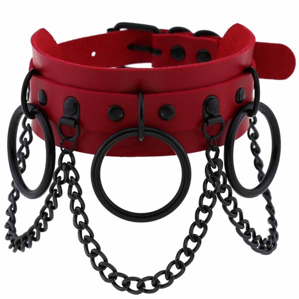 Halsband mit O-Ringen und Ketten - rot, schwarz
