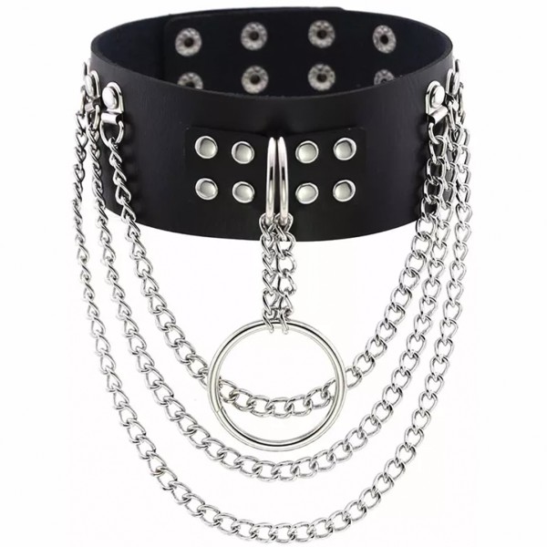 Halsband mit Ketten und O-Ring - schwarz, silber