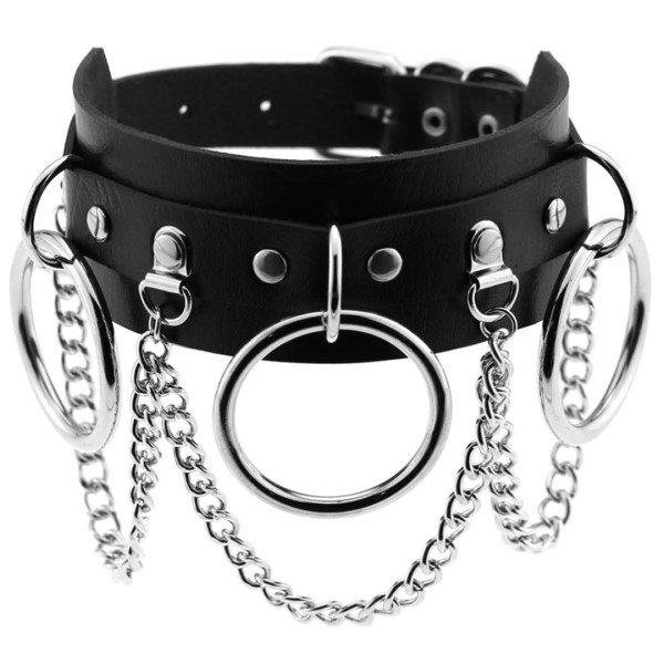 Halsband mit O-Ringen und Ketten - schwarz, silber